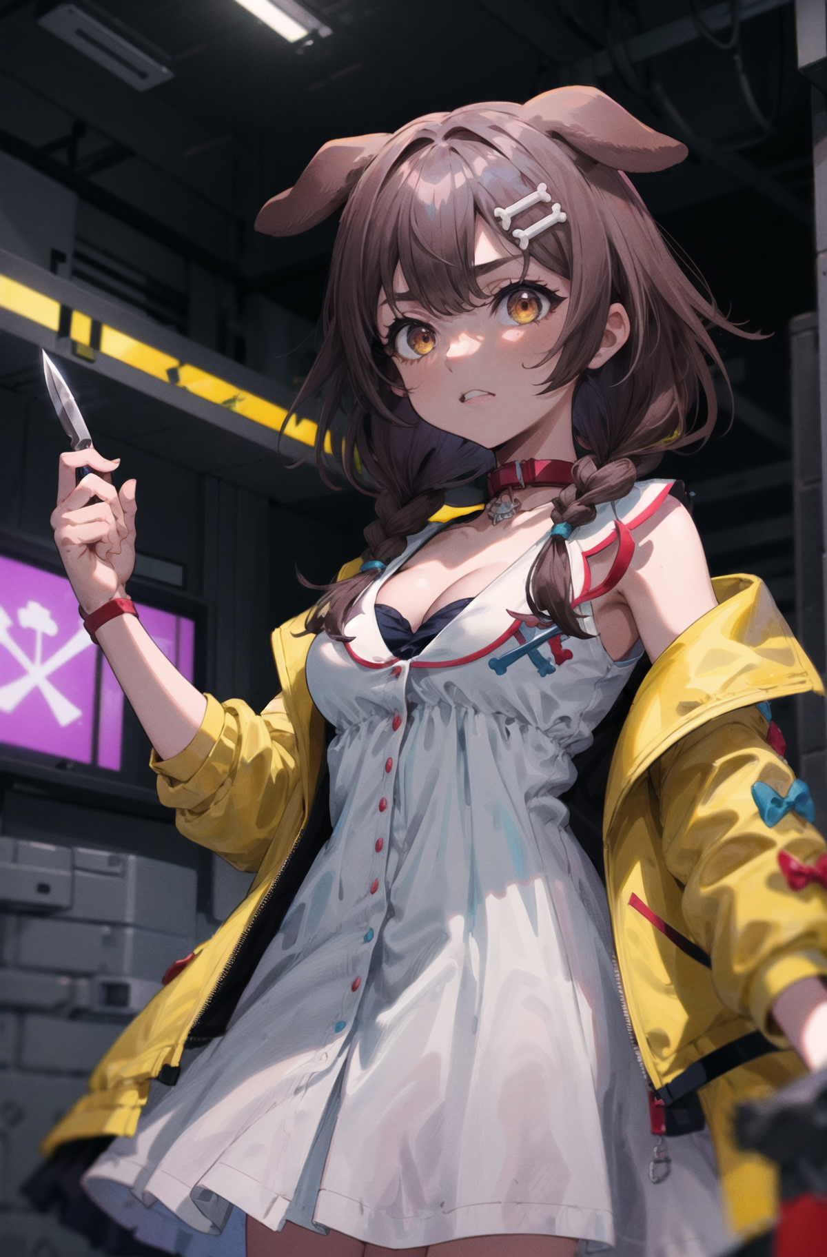 03232-3411460590-ik1, 1girl, white dress, yellow jacket, dog tail, animal collar, cleavage, medium breasts, wristband, cartoon bone, hairclip,  _.png